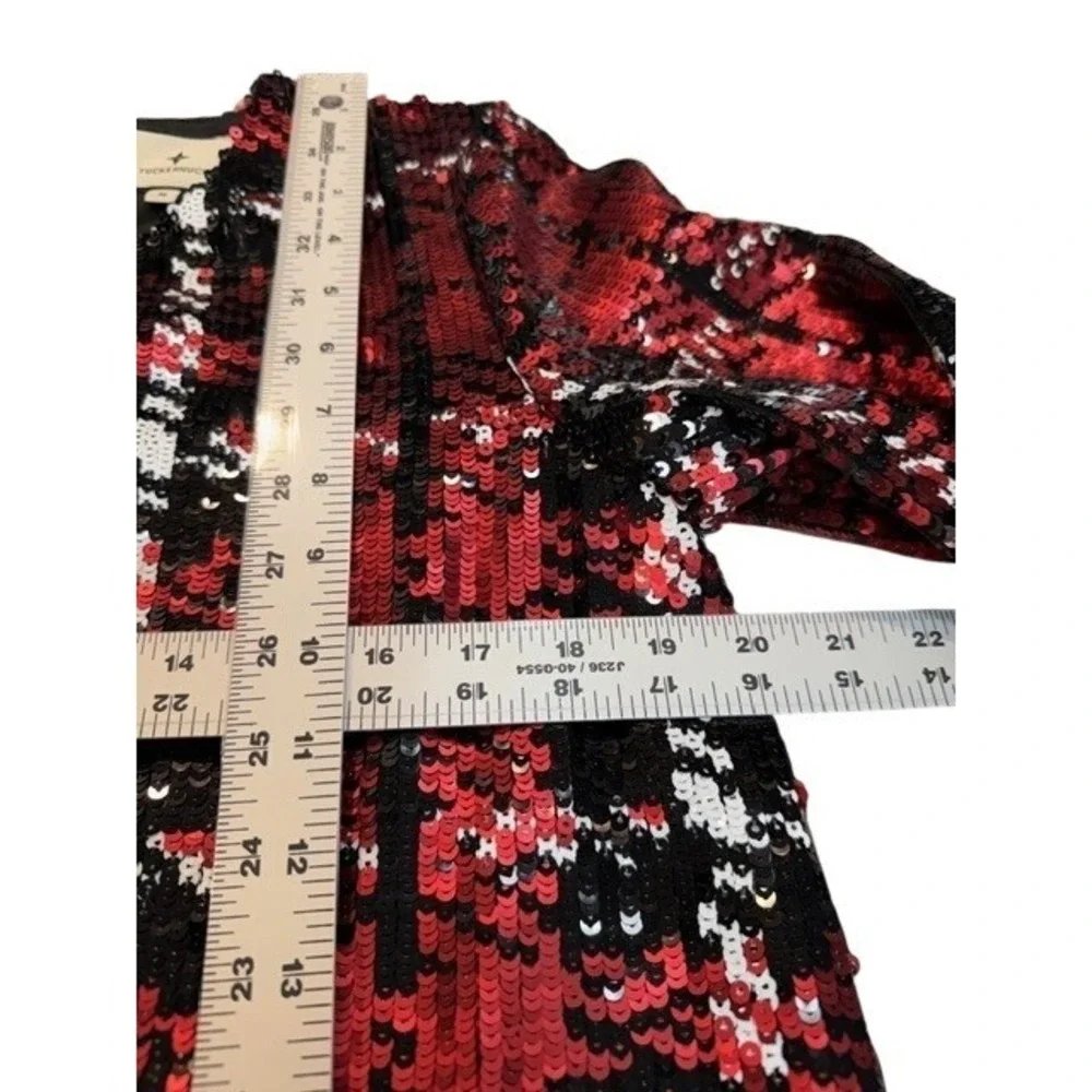 Tuckernuck Womens Medium Red Sequin Tartan Plaid Shift Dress 3/4 Sleeve Mini - Picture 5 of 9